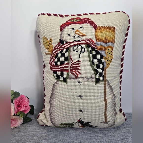 unbranded Other - Vintage Wool Needlepoint Tapestry Pillow Snowman Velvet Back Down Filled 17x13
